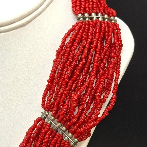 Vintage Red Beaded Multi-Strand Necklace With Silver Accents 20" HS195 - Picture 2 of 7